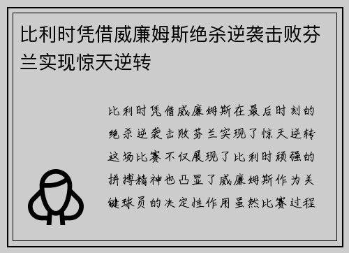 比利时凭借威廉姆斯绝杀逆袭击败芬兰实现惊天逆转